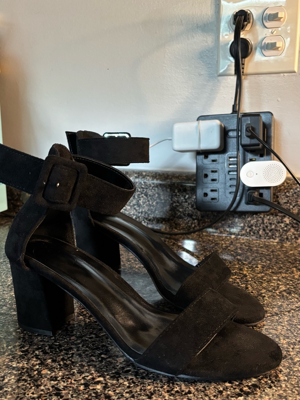Women's Black Suede Block Heel Ankle Strap Sandals
